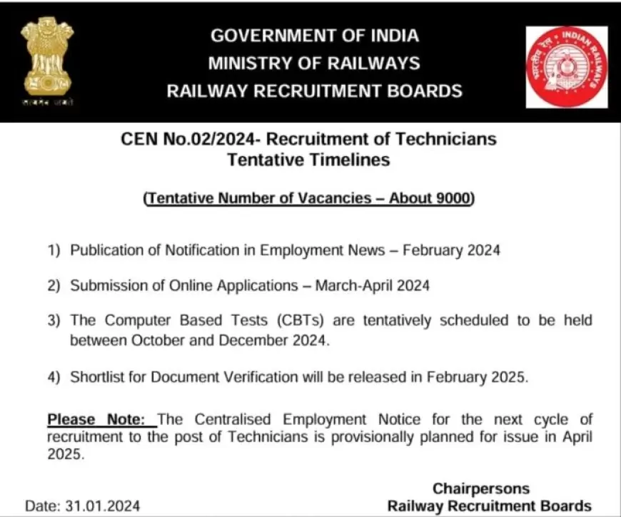 RRB Technician Recruitment 2024: रेलवे ने टेक्नीशियन के पदों पर वैकेंसी का किया ऐलान, इस तारीख से होगी नोटिफिकेशन जारी